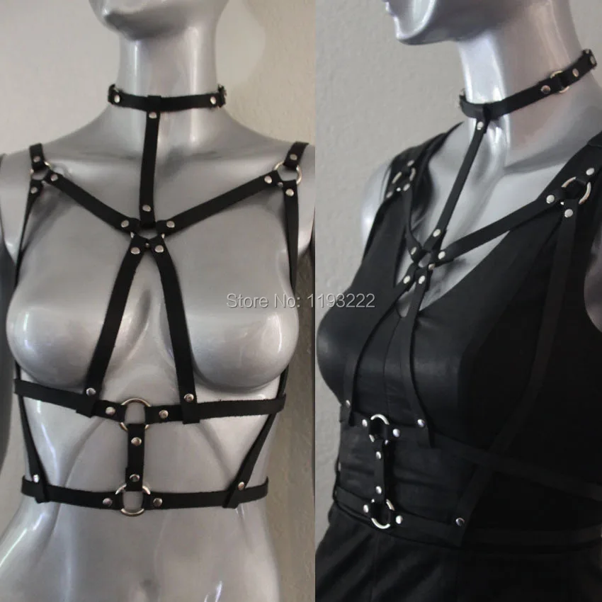 Handmade Punk Goth Sexy Real Leather Women Harness, Collar Choker Bra Frame Top Body Caged Belt  Straps