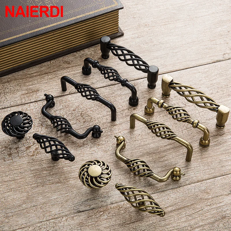 NAIERDI Antique Bronze Cabinet Handles Hollow Out Birdcage Handles Drawer Knobs Wardrobe Door Pullers Vintage Furniture Handle