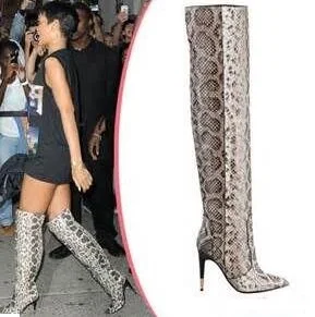 Newest  Brand Snake Print Leather Metal Heel Over The Knee Boots Pointed Toe Python Leather Winter Boots Free Ship