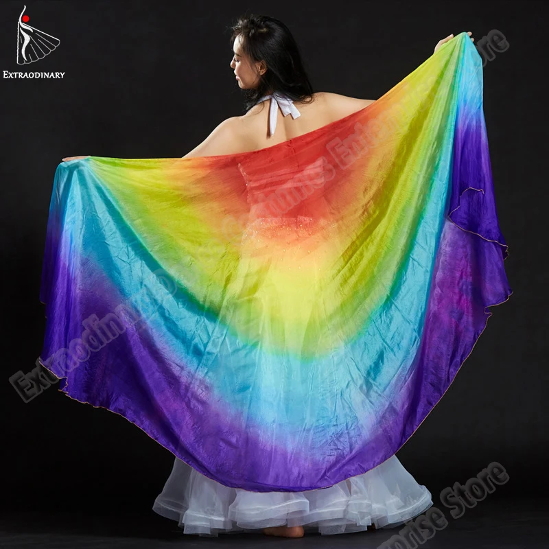 Nieuwe Buikdans Sluiers Prestaties Dancewear Vrouwen Sjaal Sluier Zijde Halve Cirkel Hand Gegooid Accessoires Regenboog 250cm x 110cm