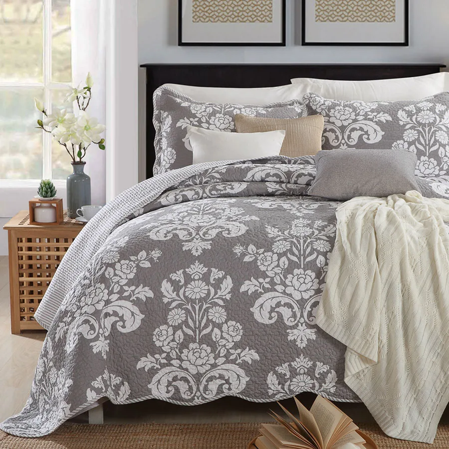 

Gray Printed Quilt Set 3PCS Blanket on the Bed Cotton Quilts Aircondition Bedspread for Bed Covers King Size Summer Coverlet