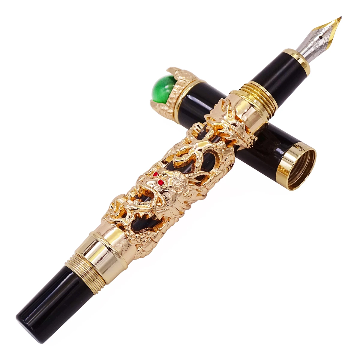 

Jinhao Vintage Dragon King Bent Nib Fountain Pen Calligraphy Pen, Metal Embossing Green Jewelry on Top, Golden Drawing Ink Pen