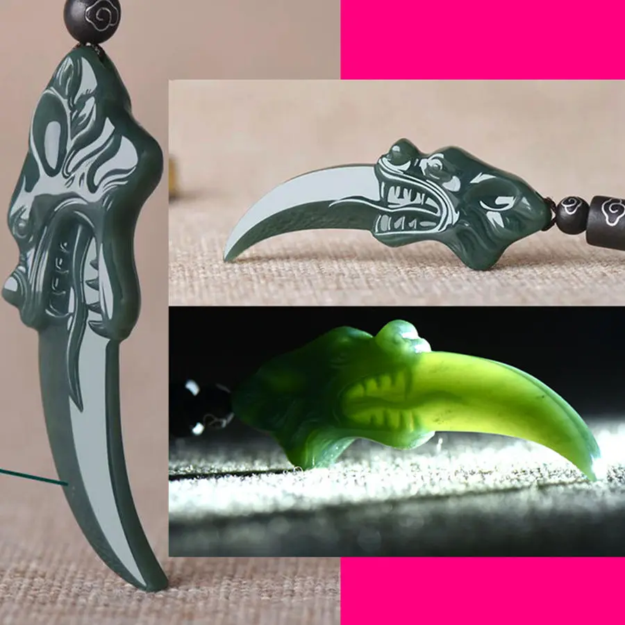 

Natural Dark Green Jade Hand-Carving Wolf Tooth Theme Pendant Men Lucky Amulet Ornaments+Rope Necklace+Gift Box+Certificate