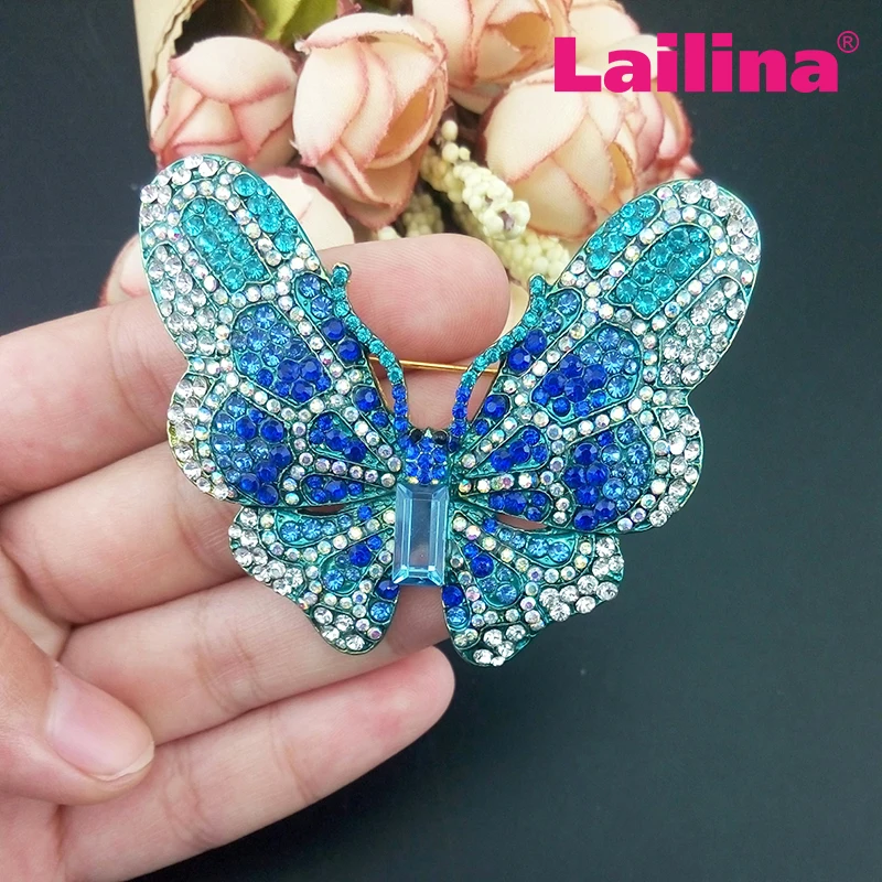 100pcs/lot free shipping gold tone elegant blue butterfly rhinestone butterfly brooches pins, animal insect brooch women jewelry