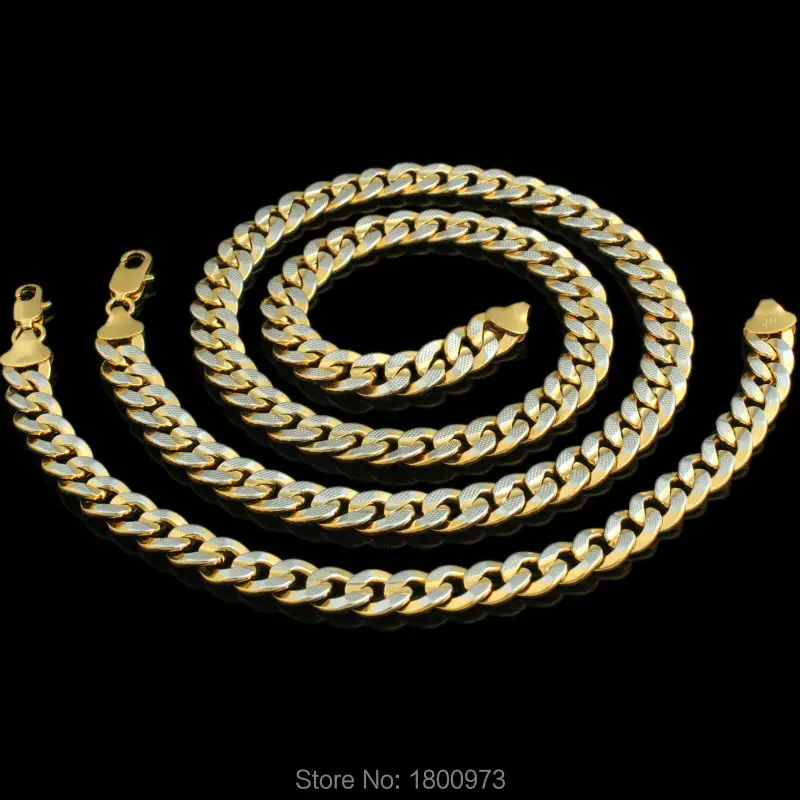 

Adixyn Gold Necklace Bracelet Set Gold/Silver Color 10MM 60cm/21cm Cuban Link Chain Necklaces Bracelets Men Jewelry Set