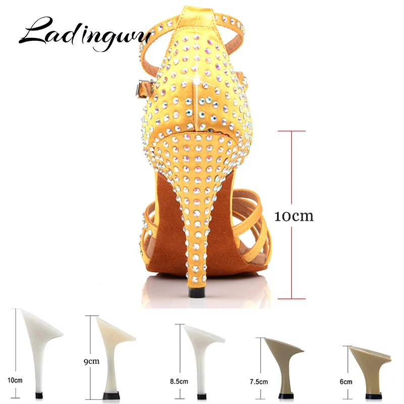 Ladingwu Classic Rhinestone Latin Dance Shoes Champagne Yellow Stain Salsa Ladies Dance Shoes Indoor Ballroom Soft Bottom Shoes