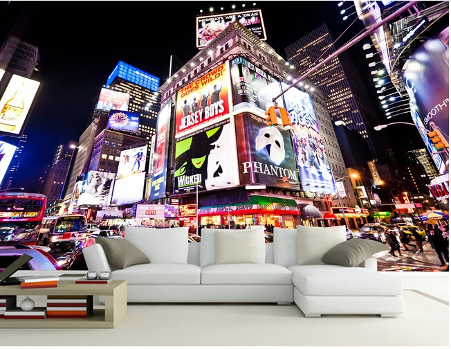 The custom 3D murals,New York Times Square Street Night,living room sofa TV wall bedroom wall paper