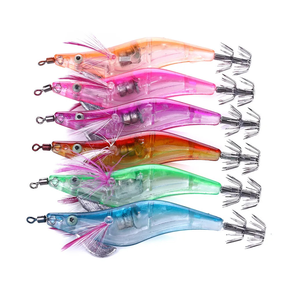 6Pcs LED Electronic Luminous Shrimp Fishing Lure Squid Jig 10.5cm 12g Night Fishing Squid Jigs Lure Bass Bait Fish Tackle