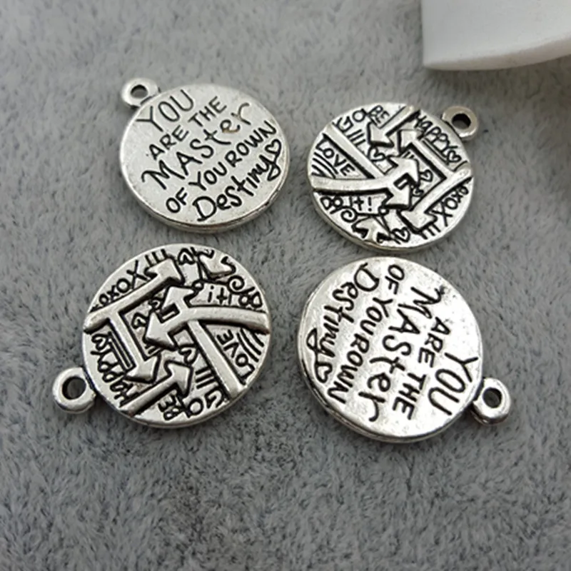 High Quality 20 Pieces/Lot 16mm*20mm Letter Engraved You Are The Master Of Your Own Destiny Round Disc Quote Message Charm