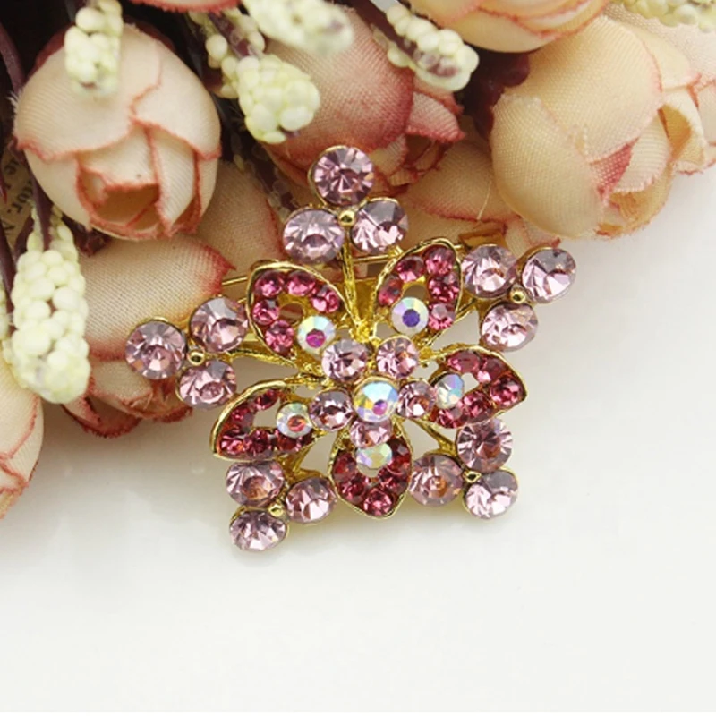 100pcs/lot pretty gold Plated Clear Crystal Metal Gold Star Flower Brooch pin with mix pink and red rhinestone