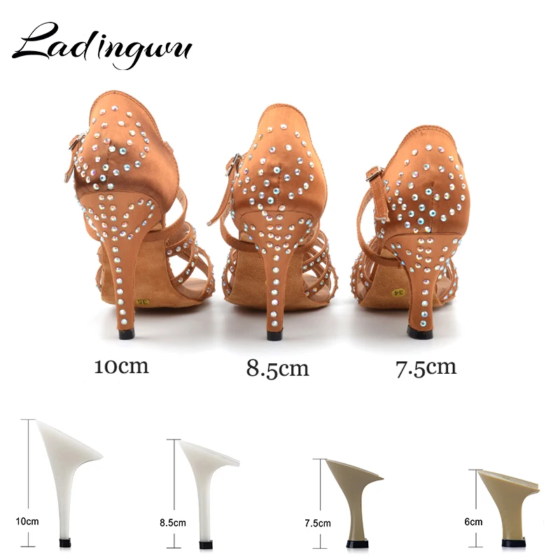 Ladingwu-Chaussures de brevLatine à Strass Pailletés pour Femme, Talon Haut de 10cm, Satin Marron, Salsa, Mariage, Salle de Bal