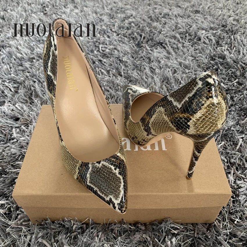 12/10/8CM Sexy Embossed Snake Pattern Women Pointed Toe High Heels Ladies Slip On Stiletto Pumps Fashion Woman Night Club Shoes