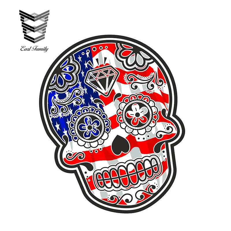 EARLFAMILY 13cm X 10.7cm Mexican Day of The Dead Sugar Skull with American Stars Stripes Flag Motif External Vinyl Car Stickers