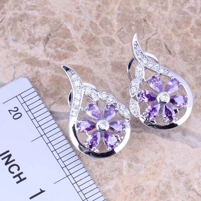 Magic Purple Cubic Zirconia White CZ Silver Plated Earrings Pendant Necklace Jewelry Sets S0787