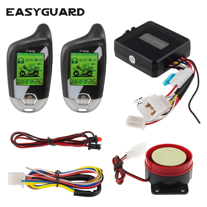 EASYGUARD 2 way motorcycle alarm kit remote engine start shock sensor motion sensor emergency disarm LCD display anti hijacking