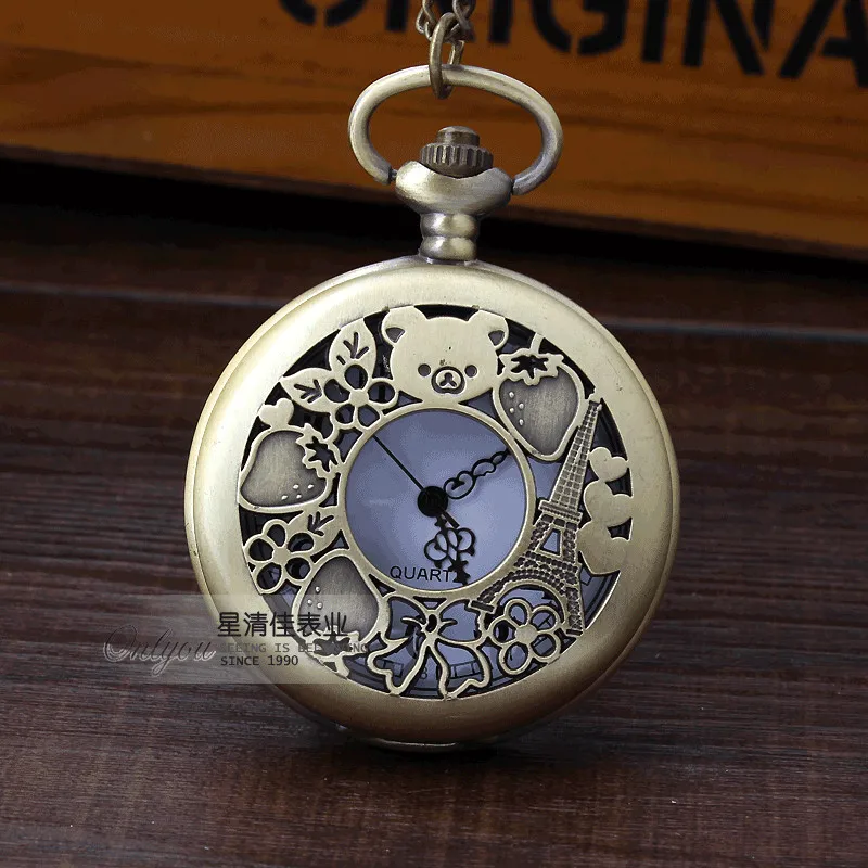 Bronze Fashion Bear Eiffel Tower Strawberry Cartoon Hollow Quartz Pocket Watch With Pendant Necklace Chain Children Kids Gift