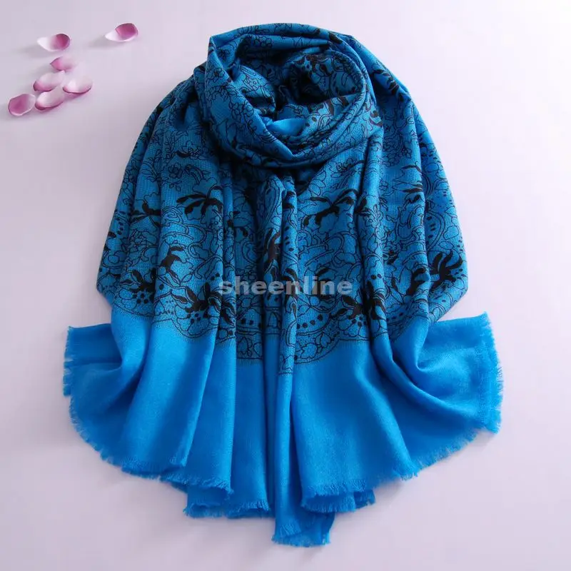 5 Designs Top Quality Wool Lace Print Shawl with Rabbit Fur Bobble Pashmina Quality Long Scarf Light Warm Winter Scarf Wrap