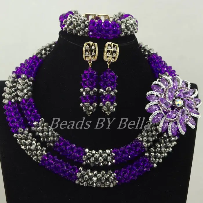 

New Design Nigerian Wedding African Beads Jewelry Set Purple/Silver Crystal Beads Necklace Jewelry Set Free Shipping ABK958