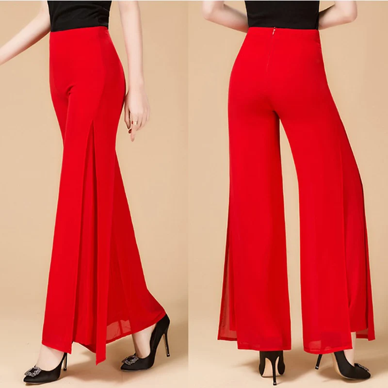 2023 Women Ladies Summer Loose High Waist Long Trousers Chiffon Side Split Casual Palazzo Pants Spring Wide Leg Pants 6XL 841