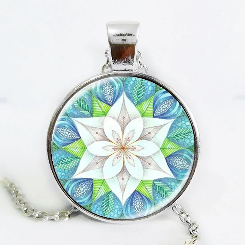 New FLOWER OF LIFE Dazzling Blue Kaleidoscope Mandala Jewelry Geometric Floral Art Print Mandala Art Necklace