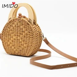 Straw Handbag Women Wooden Hand-Woven Top-Handle Beach Bag Circular Knitting Bags Travel Tote Straw Bags For Women Crossbody Bag