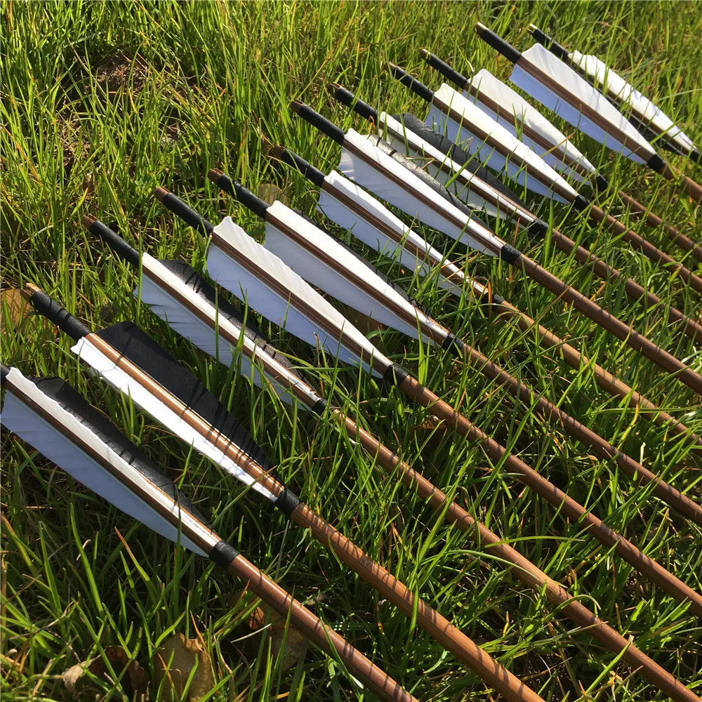6/12/24PCS 32\'\' Black & White Turkey Fether Traditional Handmade Bamboo Arrows For Archery