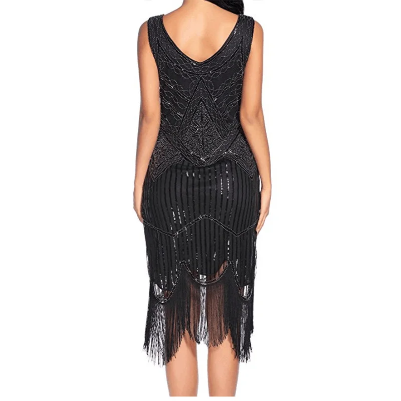 Women 1920s Great Gastby Sequin Art Deco Double Flapper Dresses Vintage V Neck Party Dress Embellished Fringed Summer Sleeveless