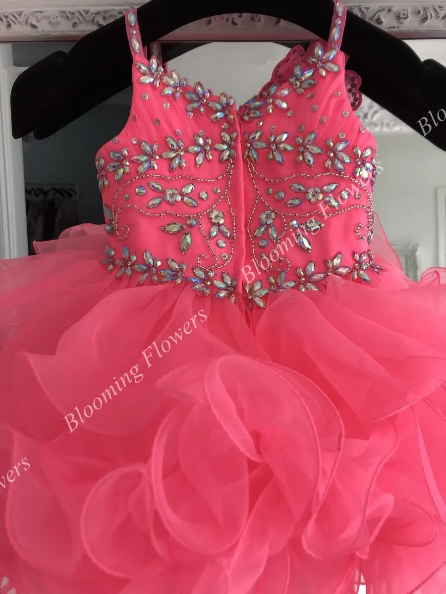 Infant Baby Girl Pageant Dress 2019 Cupcake Straps Neck Neon Pink Ruffles International Little Miss Prom Dance Gowns Crystals