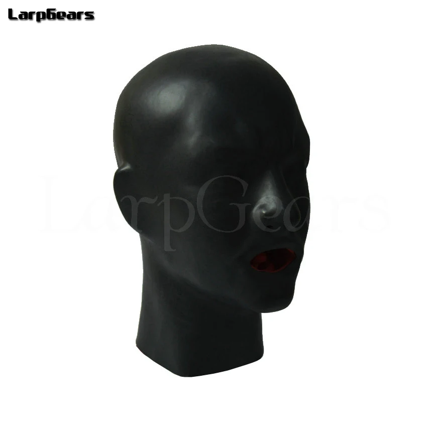 Hot 3D Fetish Latex Human Mask Hood Closed Eyes Sexy Hood W Red Mouth Sheath Tongue Nose Tube