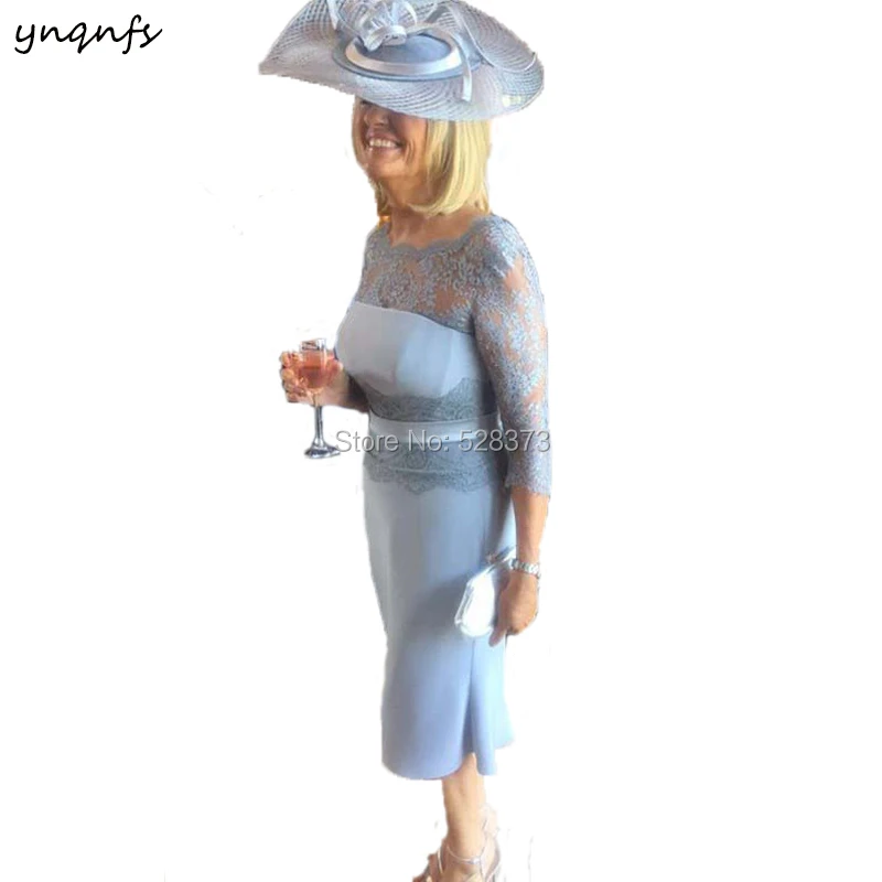 Ynqnfs md206 elegante vestido cocktail 3/4 rendas manga chá comprimento mãe dos vestidos de noiva roupas do noivo feito sob encomenda 2019