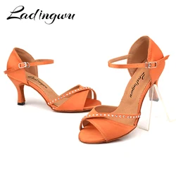 Ladingwu Hot Woman Salsa Dance Shoes Latin Simple Style Design Rhinestone Dance Shoes Red-brown Satin Ballroom Shoes Dance