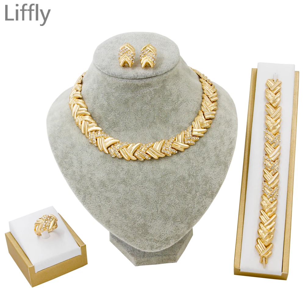 Women Jewelry Sets Bridal Dubai Gold Color Crystal Necklace Bracelet Nigerian Wedding Party Women Fashion Jewelry‘s Accessories