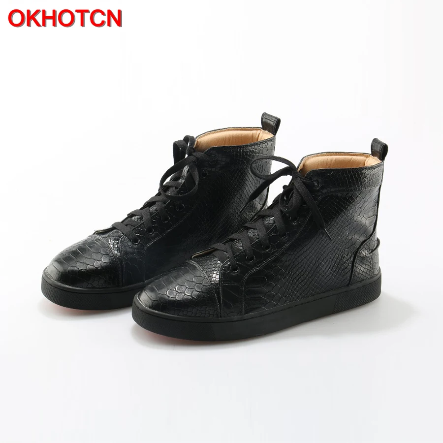 

Black High Top Men Casual Shoes Genuine Leather Lace Up Snake Zapatos De Los Hombres Shoes Plus Size Waterproof Leisure Sneakers