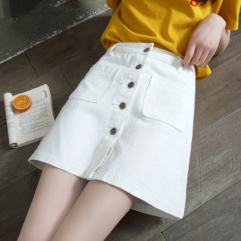 New Arrivals Summer Single Button Pockets White black Blue Jean Skirts Women Sweatreet High Waist Mini Denim Skirt