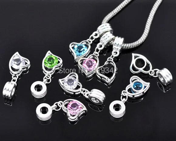 

Free Shipping 100pcs Mixed Silver Plated Rhinestone Heart Charm Dangle Beads Fits European Charm Bracelet 30x12mm