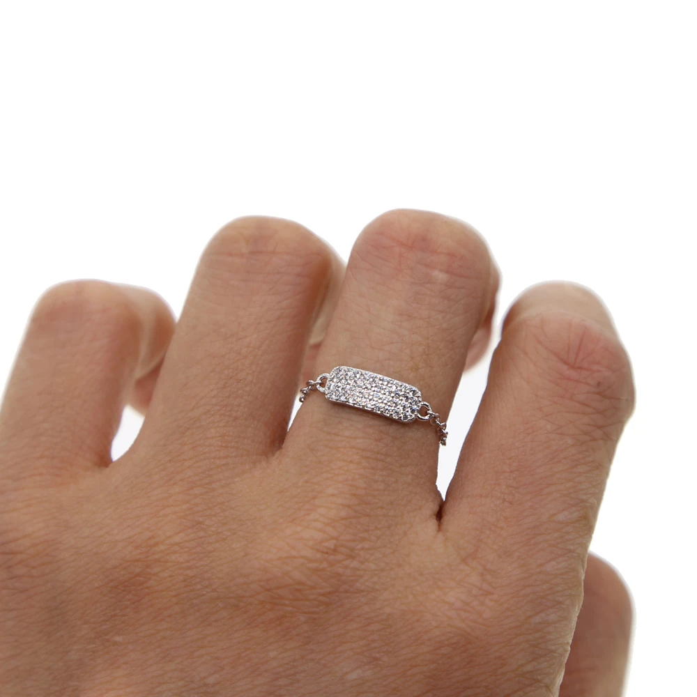 The Franch design thin chain with cz bar charm elegant cute women girl jewelry silver color cz bar minimal ring design