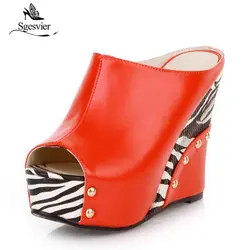 Sgesvier 2022 Black White Stripe Summer Style Sexy Sandals Women's Wedges Slippers High Platform Heels for Shoes Woman B358