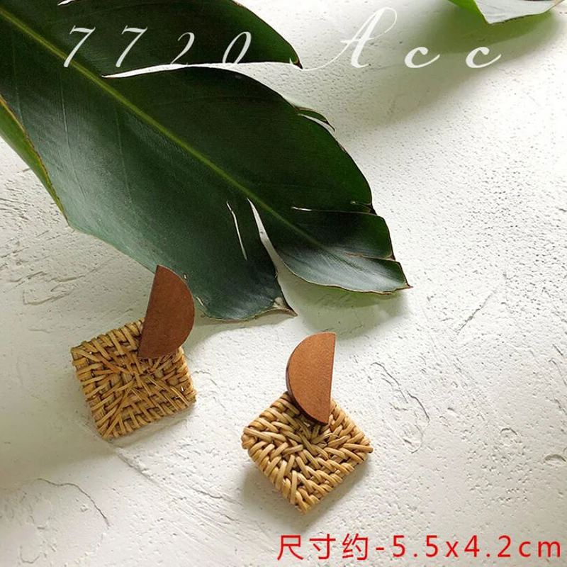 New Fashion Korea Handmade Geometric Wooden Big Hollow Out Square Rattan Straw Weave Drop Earrings for Women2019