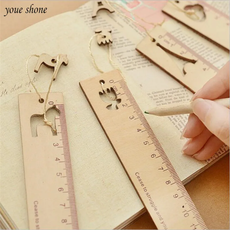 YOUE SHONE 1Pcs/lots Wood Cute Wind Ruler Stationery 15Cm Scale Pendant Bookmark Student Safe Centimeter Ruler