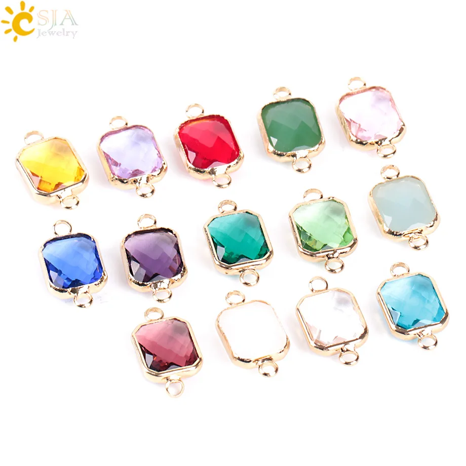CSJA Bohemian Square Crystal Glass Beads Gold Color Double Rings Pendant for Necklace Bracelets Connector Jewellery Finding E880