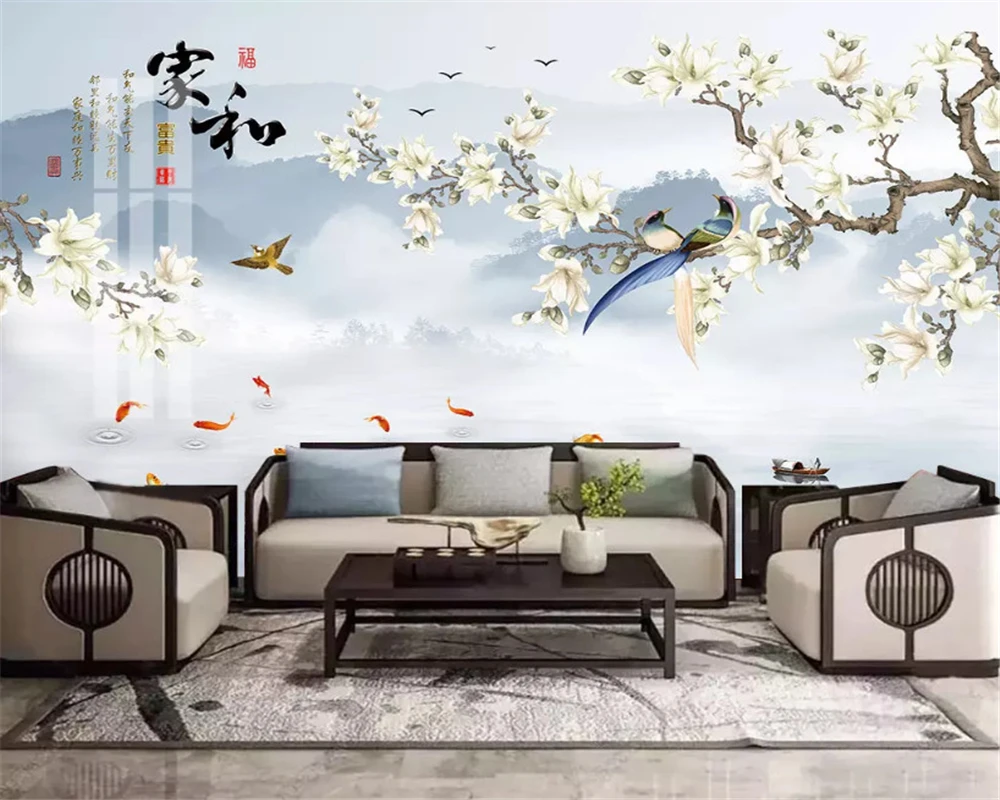 beibehang Custom home and rich silky three-dimensional wallpaper magnolia ink ink mountain TV background wall papers home decor