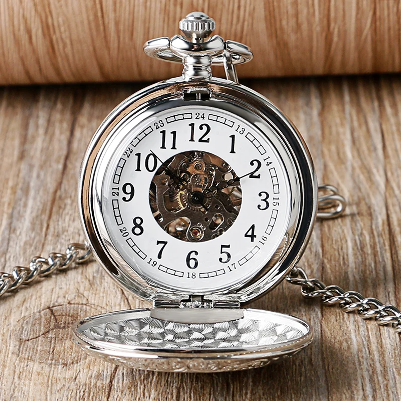 Reloj de bolsillo mecánico de esfera redonda para hombre y mujer, pulsera de lujo con patrón de escudo plateado, reloj Fob antiguo informal