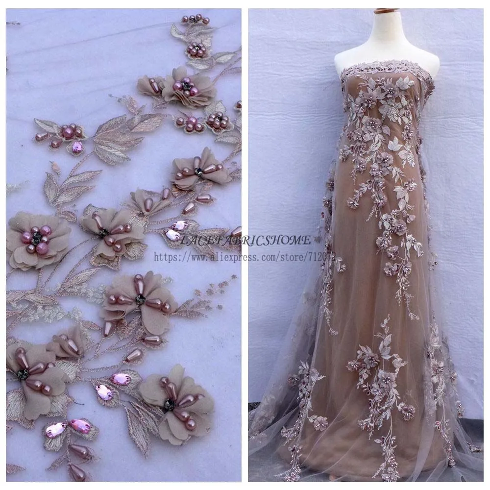 La Belleza Ivory,gray pink,rhinestones pearls 3D flowers wedding dress lace fabric 51'' width 1 yard