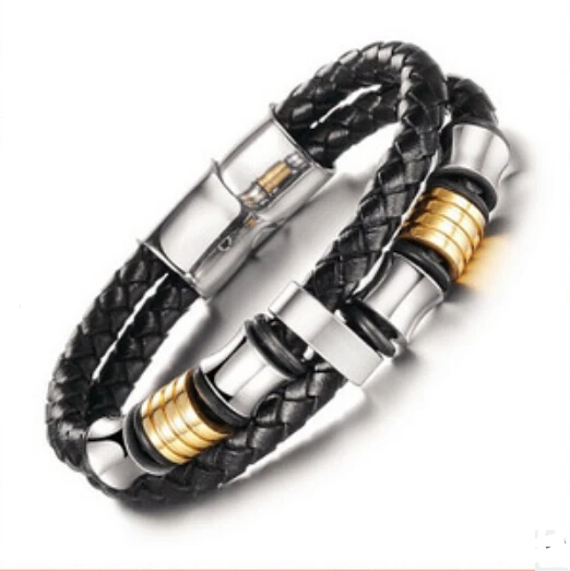 

Black Genuine Leather With Stainless Steel Mens Chain Bracelet Bangle 34g