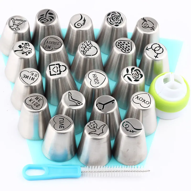 1Pcs Silincon Bag 1Pcs Brush 1Pcs Coupler+Different Shapes 21Pcs Russian Pastry Tips Cake Piping Icing Stainless Steel Nozzles