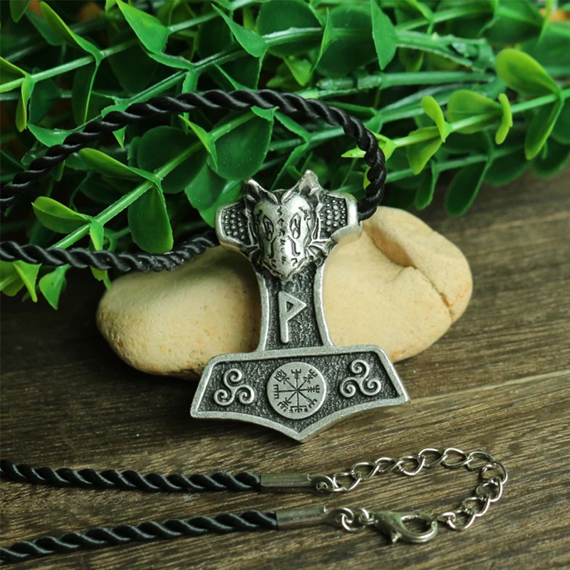 10pcs wholesale norse Black Dragon Thor Hammer pendant viking Norway vegvisir symbol necklace Triskelion pendant Amulets jewelry