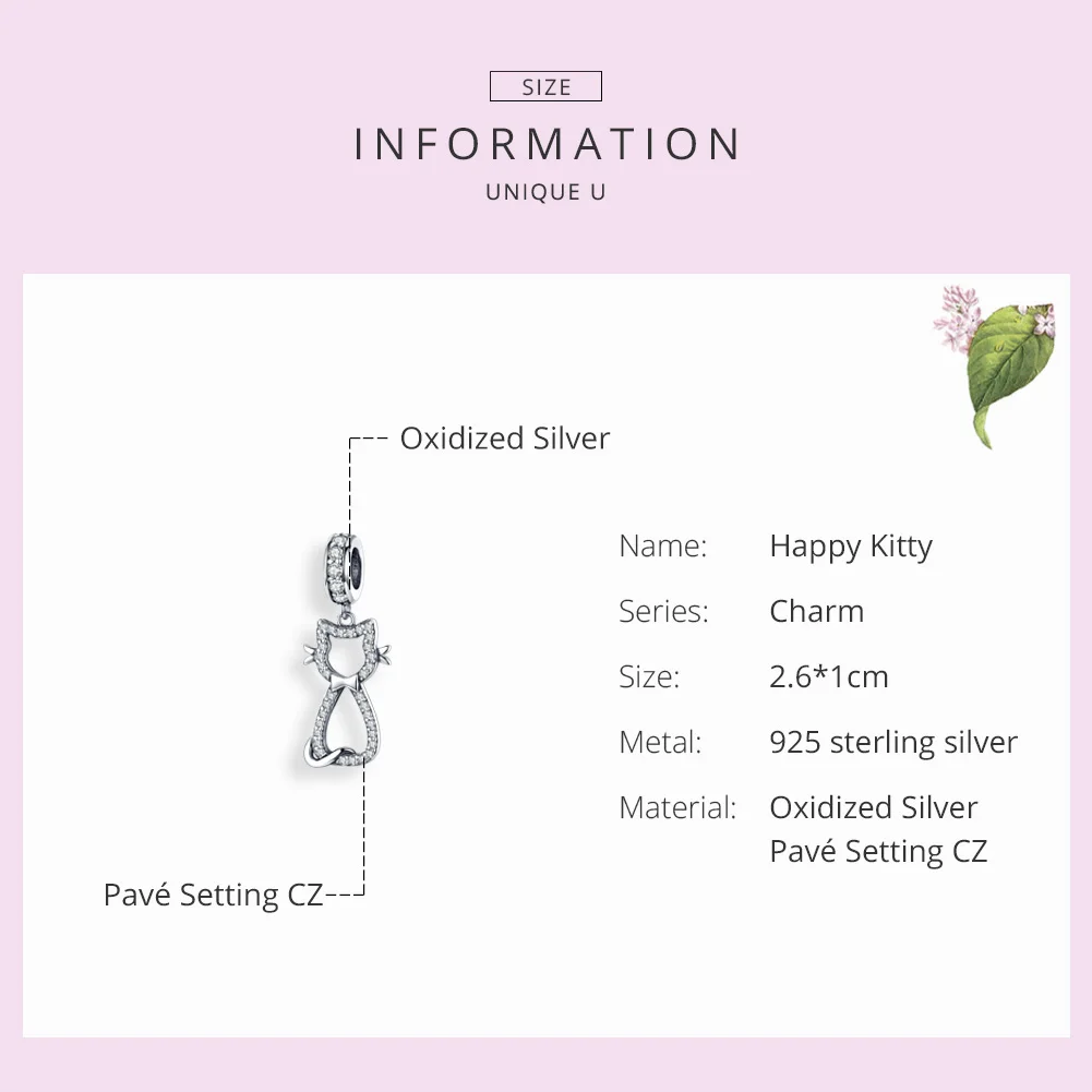 WOSTU Sweet Cat Animal Dangle Charm 925 Sterling Silver Zircon Beads Fit Original DIY Bracelet Silver 925 Jewelry Making FIC1162