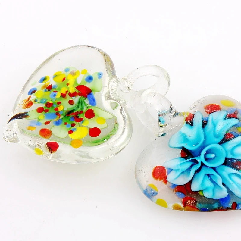 Qianbei Fashion Handmade Murano Lampwork Glass Mix Color Flower Heart Pendants For Necklace Wholesale 6pcs