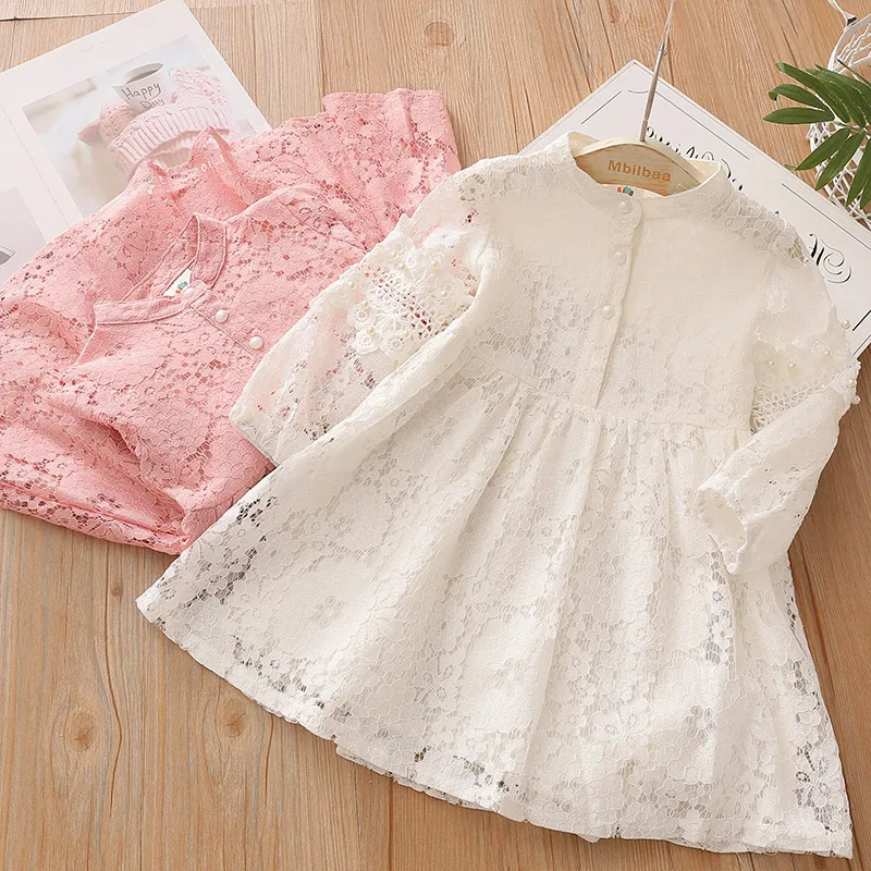 2025 Spring Autumn 3 4 6 8 10 to 12 Years Child England Style Princess Pearl Lace Knee Length Kids Baby Girl Long Sleeve Dress