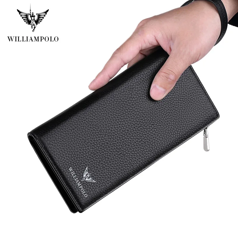 WilliamPOLO New Mens Wallet Zipper Hasp Long Genuine Leather Business Phone For Credit Cards Clutch Wallet Men POLO128A